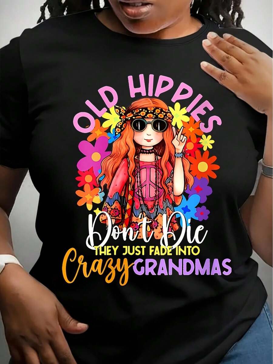 Women's Casual Crew Neck T-Shirt with old Hippie Graphic Print - Breathable & Comfortable, all-Season Short Sleeve Tee - Noir - Voir 1