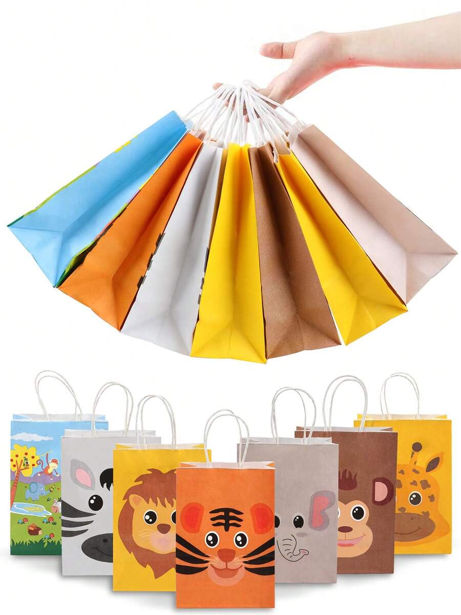 6/12个装丛林动物主题糖果袋，牛皮纸礼品袋，带提手，适用于洗礼派对、生日派对、野生动物主题礼品袋 - 彩色 - 查看 1