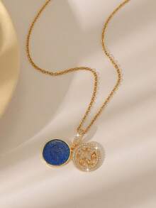 女士奢华星空圆盘/法蒂玛之手/星月镶钻吊坠项链，高光泽镀金锆石项链，适合工作和约会等各种场合，金色首饰 - 金色 - 查看 5