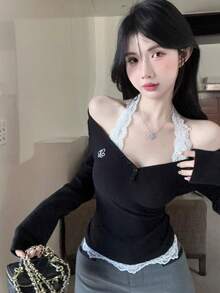 Women's New Lace Halter Sexy Design Blouse, Long Sleeve Lace Patchwork Knit Top - Black - View 7