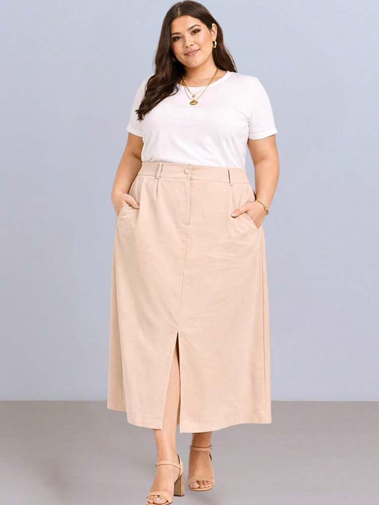 Saia Midi Feminina Plus Size com Fenda na Frente Cintura Alta Alfaiataria Sensorial Marrante - Bege - Visão 2