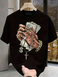 Men's Printed Shirt With Money Print On The Front, New Release, 100% Cotton. - 黑色 - 查看 2