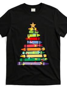 Camiseta de Navidad de algodón súper suave unisex, cuello redondo SS, transpirable/absorbe la humedad, ropa casual para todas las estaciones - Negro - Ver 1