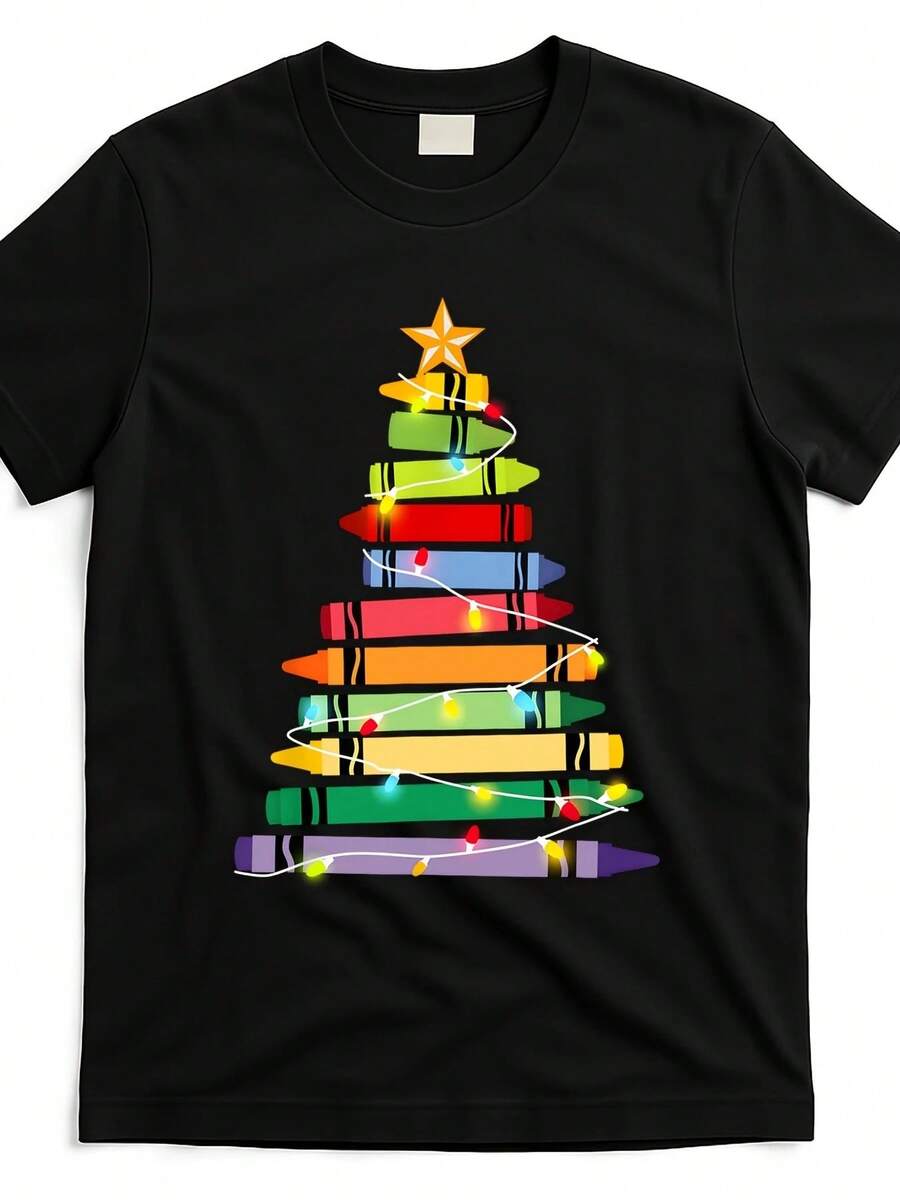 Camiseta de Navidad de algodón súper suave unisex, cuello redondo SS, transpirable/absorbe la humedad, ropa casual para todas las estaciones - Negro - Ver 1