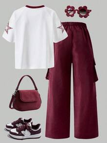Teen Girl Numeric Print Short Sleeve T-Shirt And Cargo Pants Casual Outfit - Burgundy - View 2