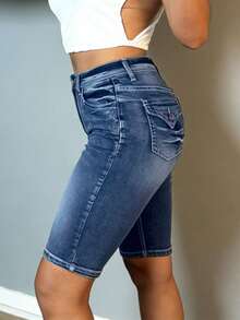 Women's Stretchy Skinny Denim Shorts With Inner Zipper, High Waist Slim-Fit Versatile Casual Hot Pants - 中等水洗藍 - 查看 5