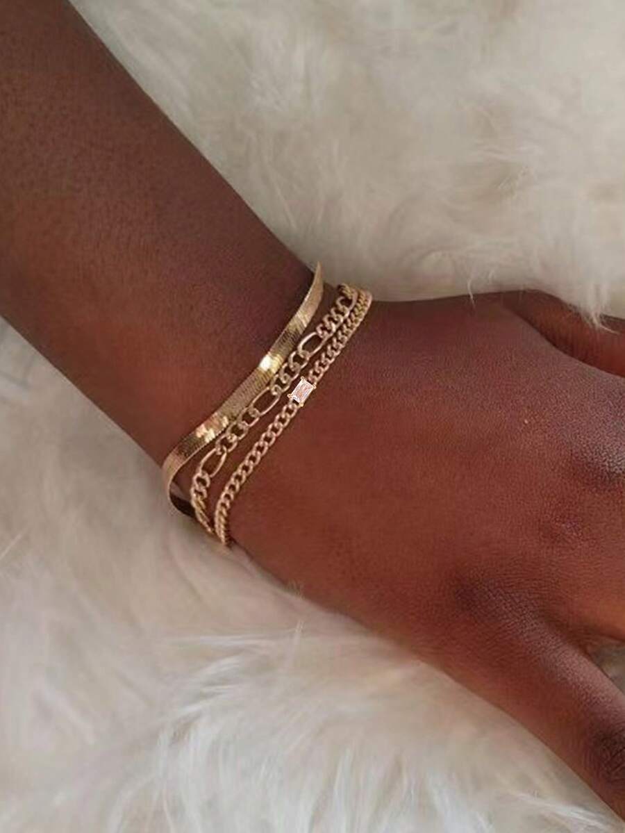 Tkool 3pcs/Set Fashionable Minimalist Multi-Layer Stacked Blade Chain Square Zirconia Bracelet