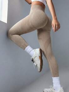 1pc Women's Seamless High Waist Shaping Slimming Black Solid Leggings, Warm Breathable Stretchy Fabric, Suitable For Fitness Outdoor Sports, Essential Christmas Apparel - Brown - View 2