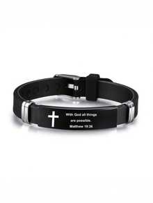 1pc Adjustable Men's Christian Bracelet Stainless Steel Silicone Strap With Cross Charm And Bible Verse Inspirational Religious Jewelry Gift For Husband Father Boyfriend Son - Black - View 3