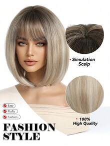1pc Short Wavy Synthetic Hair Wig With Bangs, Natural Black Color, For Women - Blonde Ombre - View 2