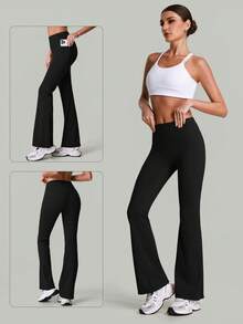 女士高腰时尚休闲喇叭紧身裤，带侧袋，适合舞蹈、瑜伽、健身和跑步 - 黑色 - 查看 3