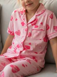 Bộ đồ ngủ 2 món cho bé gái, áo tay ngắn cài cúc phía trước và quần in hình trái tim, đồ ngủ mặc nhà mềm mại, thoáng khí. - Hồng - Xem 2