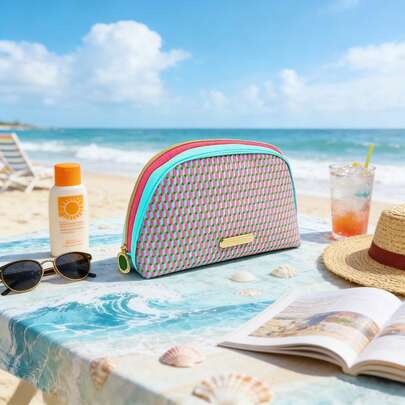 Bvlgari 宝格丽撞色几何图案圆顶化妆包，编织纹理，金色Logo点缀，便携式化妆品及护肤品收纳包，适合日常通勤、旅行，容量大，时尚洗漱包，是馈赠佳品和日常必备品的完美之选。