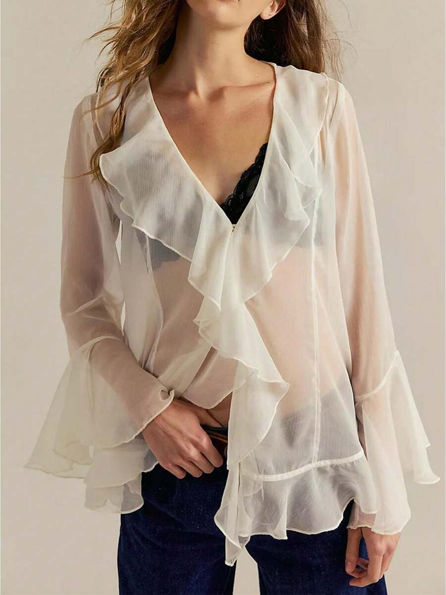 Women Sheer Loose Top Y2k V Neck Solid Color Poncho Tops Fairy Grunge Bat Sleeve Mesh Oversized Poncho Blouses - Ngà voi - Xem 1