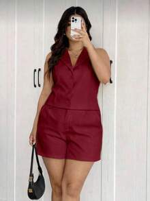 MICHLEE Women's Plus Size Set With Sleeveless Vest And Tailored Shorts - 酒紅色 - 查看 4