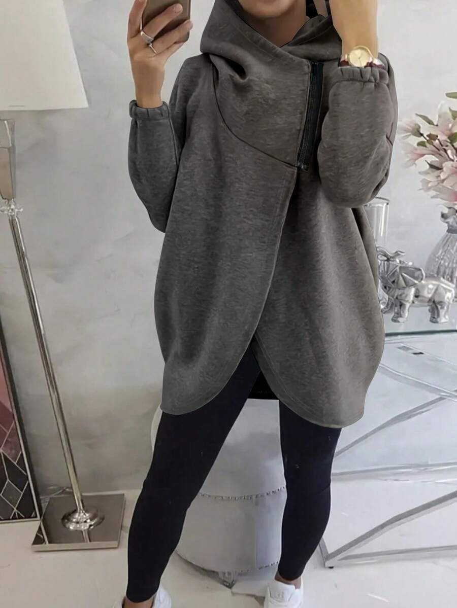 女士休闲优雅卫衣，纯色，带拉链和郁金香下摆，适合秋季穿着 - 深灰色 - 查看 1