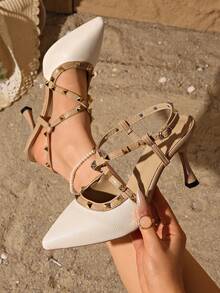 Women's Pointed Toe Bohemian Metallic Buckle Party High Heels - Beige - View 2