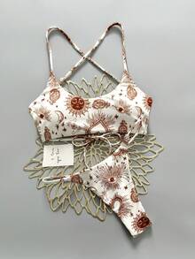 两件套波西米亚豹纹星形印花休闲可爱优雅性感扎染钩编撞色滚边比基尼泳衣，适合海滩度假、春夏假期 - 彩色 - 查看 2