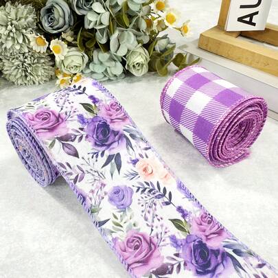 2 rollos de cinta de satén de lino a cuadros de color púrpura y blanco púrpura, de 2,5 pulgadas de ancho, adecuada para manualidades del Día de la Madre de primavera, embalaje, decoración de coronas, etc.