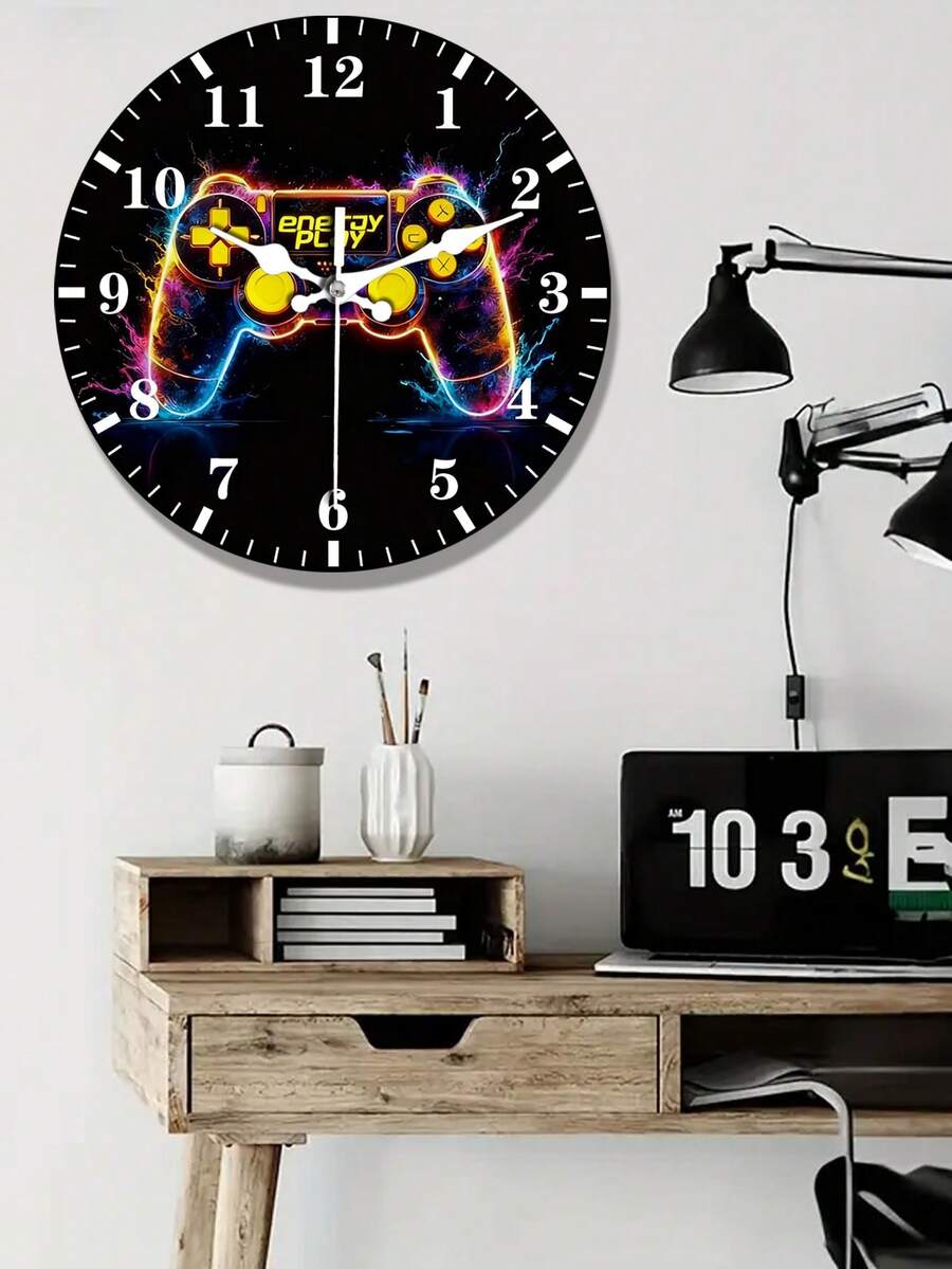 Relógio de Parede de Madeira Retrô com Controle de Neon - Relógio Redondo de Quartzo de 10/12 Polegadas com Movimento Silencioso, (Pilha AA Não Incluída) - Design de Videogame dos Anos 80/90 para Quarto, Sala de Estar, Man Cave - Presente Nostálgico para Gamers, Design Plano 2D - Multicolorido - Visão 1