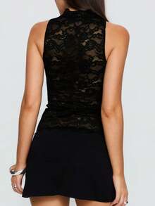 Women's Y2k Floral Lace Going Out Crop Tops Sexy Cutout Crew Neck Sleeveless Slim Y2K Tank Tops Nightout Clubwear - 黑色 - 查看 2