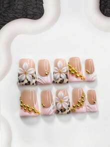 10片珍珠仙女风美甲套装，亚克力压制甲片，5瓣白色小花装饰配小金属珠，不对称金色水钻，棕纹混色，纯色波浪纹，豹纹法式甲片，送给女性和女孩的理想美甲礼物，手工制作的压制甲片 - 彩色 - 查看 10