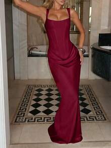 Cornelia 女士性感吊带紧身连衣裙，夏季垂褶长裙，黑色蕾丝系带露背优雅生日派对鸡尾酒礼服 - 酒紅色 - 查看 3