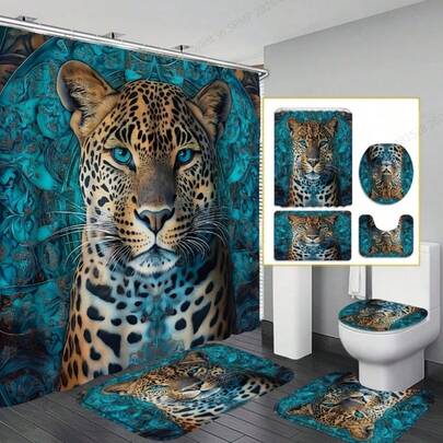 1/4 Piece Leopard Print Shower Curtain Set, Fashionable Pattern Decor Shower Curtain, Washable Polyester Fabric, Waterproof Shower Curtain Set With 12 Hooks, Non-Slip Bathroom Rug, U-Shaped Toilet Mat, Toilet Seat