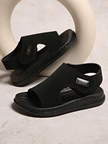 2022 Summer New Solid Soft Bottom Beach Sandals For Toddlers & Little Kids, Hook And Loop Closure - Black - View 1