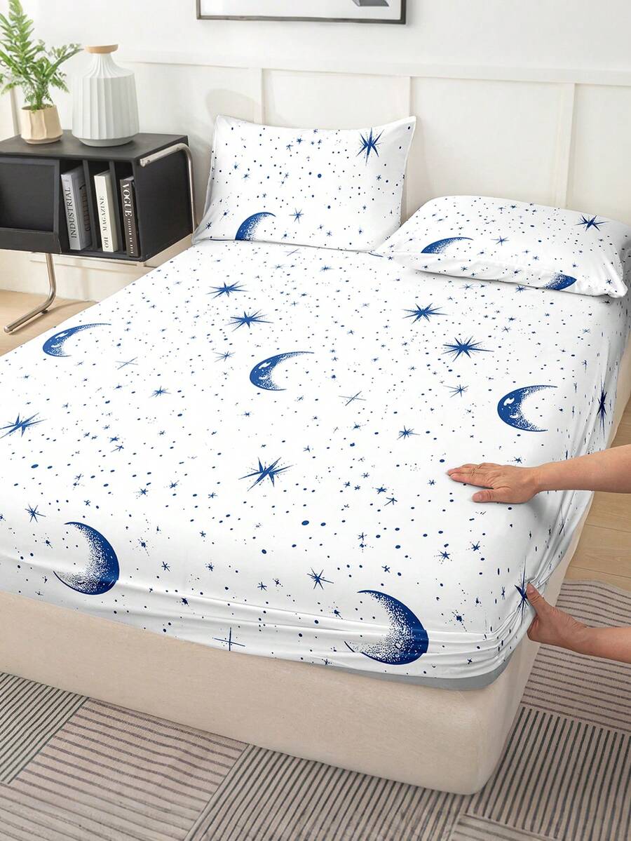 1件星月图案超柔软贴身床垫保护套 - 可机洗，适合简约、梦幻、卡通和INS风格卧室，提升卧室时尚氛围，多种尺寸（特大/大号/标准双人/单人）可选，适用于家庭、宿舍、公寓、酒店和度假租赁，也是一份很棒的礼物。