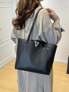 新款大容量女士手提包，时尚百搭手提包，简约通勤腋下包 - 黑色 - 查看 4