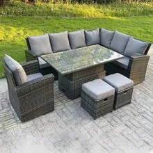 Fimous High Back Rattan Garden Furniture Corner Sofa Sets Adjustable Rising Table Dark Mixed Grey 9 Seater Right Corner 2 Color Option Dark Grey Light Grey - Right-hand Corner Set - View 5