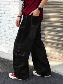 1件复古宽松牛仔裤，多口袋工装裤，百搭阔腿黑色牛仔裤（不含腰带和配饰） - 黑色 - 查看 2