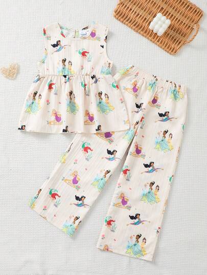 Disney Bộ đồ 2 món gồm áo không tay cổ tròn và quần dài cho bé gái, họa tiết Bạch Tuyết, dễ thương và thời trang, chất liệu thoáng khí, thoải mái, bộ quần áo 2 món, bộ quần áo trẻ em, quần áo bé gái.