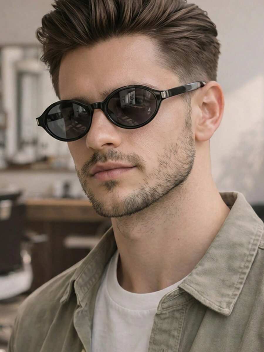 一副男士椭圆形PC镜框复古小框眼镜，个性化穿搭，街头风，时尚 - 亮黑 - 查看 1