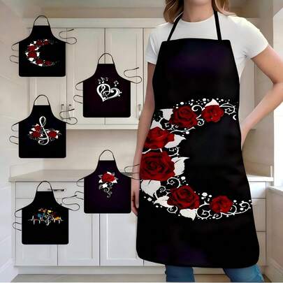 1PC Red Rose Pattern Apron With White Vine And Thorn Design Black Background Kitchen Cooking Apron For Home Baking BBQ Party Supplies