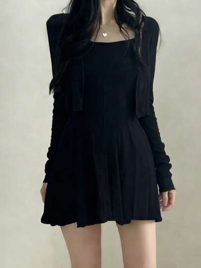 2pcs/Set Women Solid Color Minimalist Style Commuter Camisole Short Dress & Long Sleeve Top