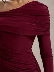 Đầm dài dệt kim thanh lịch dành cho nữ, tay dài, cổ áo bất đối xứng, chi tiết xếp ly, vạt đuôi cá, đầm dự tiệc. - Màu Đỏ Sâu - Xem 4