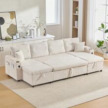 Modern 4-Personen-Samtsofa Mit Beidseitigen Chaiselongues, Integrated Stauraum, Getränkehaltern, USB-Anschlüssen Und Ausziehbarer Schlaffunktion – Style Für Jedes Wohnzimmer.Beige - Beige + Corduroy + Foam + 4 Seat - View 2
