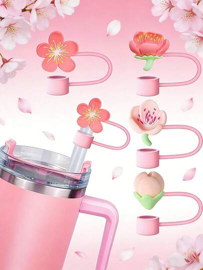 8pcs/4pcs/1pc Sakura Flower Straw Lid Covers, Fit For 30oz & 40oz Glass Tumblers, Suitable For 9-10mm Straws, Glass Straws, Stainless Steel Straws, Cute Floral Design, Portable For Outdoor Activities Like Walking, Camping, Hiking, Picnic
