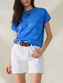 Klein Blue Hollow Textured Knit T-Shirt For Women, Summer Loose Fit Flattering Batwing Sleeve Top, Versatile Commuter Style - Blue - View 1