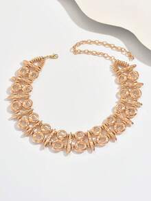 1 件女士时尚独特夸张金属纹理几何椭圆锤纹金属圆柱拼接颈链 - 金黃色 - 查看 8