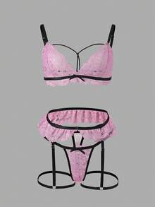Romantic Pink Lace Lingerie Set - Sexy Deep V Bra And Panty With Black Bow, Suitable For Date Night - Pink - View 1
