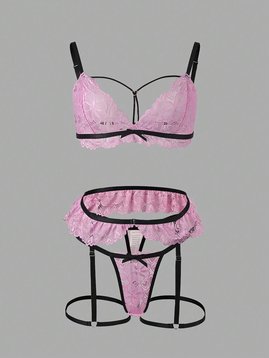 Romantic Pink Lace Lingerie Set - Sexy Deep V Bra And Panty With Black Bow, Suitable For Date Night - Pink - View 1