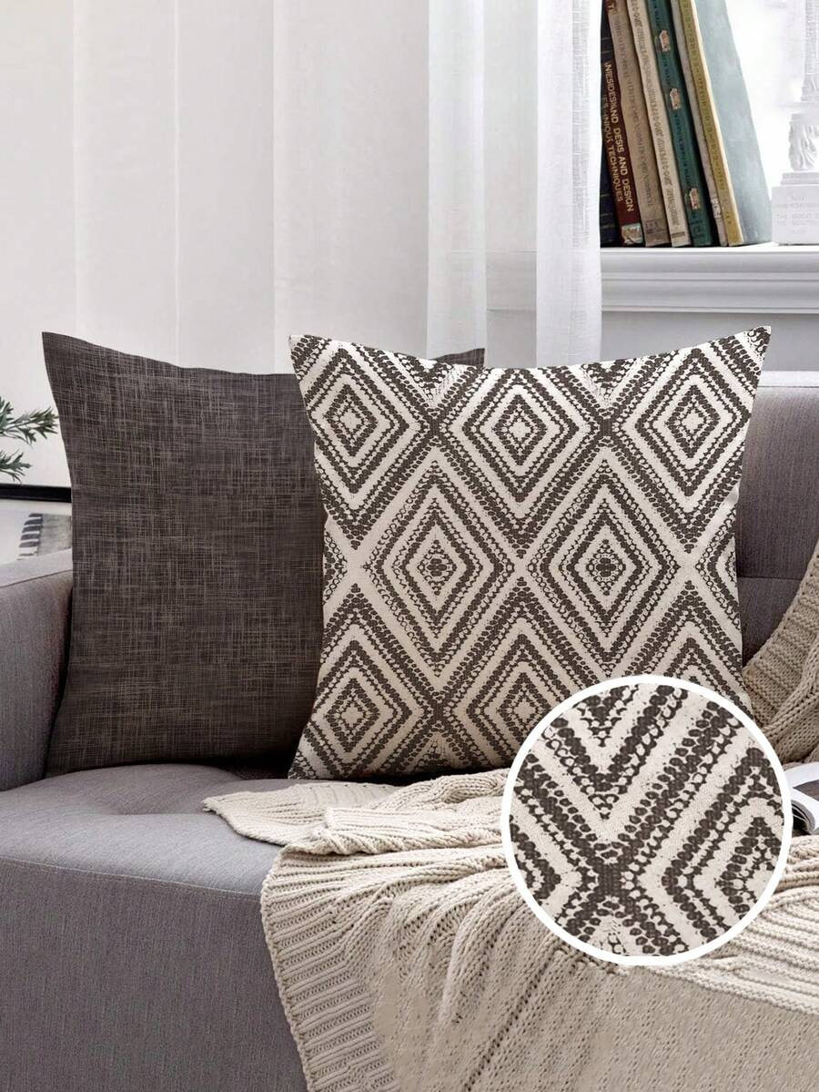 2 件装装饰枕套，波西米亚几何图案抱枕套，100% 低过敏性聚酯纤维，复古亚麻材质，隐形拉链，可机洗，简约时尚线条设计，家居装饰抱枕套，适用于沙发、客厅、卧室，不含枕芯 - 深海鷗灰 - 查看 1