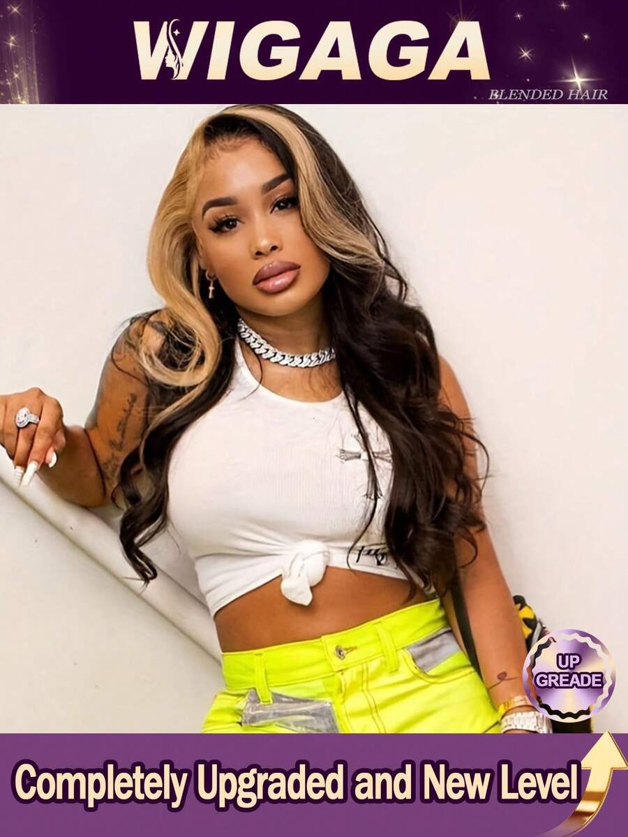 34 Inch #P4/27 Highlight Body Wave 13x4 HD Transparent Lace Front Human Blended Hair Wig For Women - 200% Density Glueless Pre Plucked Realistic Natural Hairline Daily Wear Wig - SP4/27 - View 1