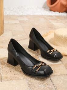 Plus Size Women's High Heel Pumps, Thick Heel Metal Buckle Fashion Shoes, Mary Jane Leather Shoes, Brown Comfortable Chunky Heel Square Toe Pumps, Elegant Black High Heels, Business Casual Formal Shoes - Black - View 5