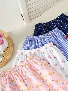 Bộ 4 quần short in họa tiết hoa, quả anh đào và chấm bi dành cho bé gái, thích hợp cho nhiều dịp, lý tưởng cho các hoạt động ngoài trời mùa hè. - Nhiều màu - Xem 5