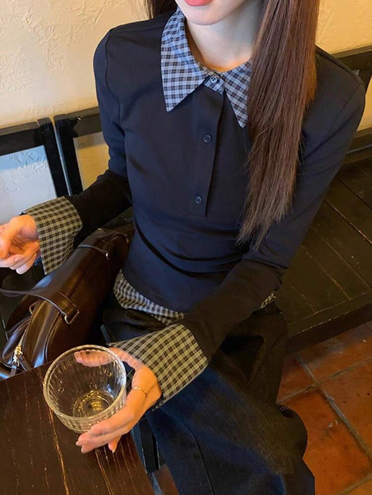 ポロカラー 2in1 長袖Tシャツ、スタイリッシュなスリムフィットアンダーシャツ 春 - ブルー - 見る 1