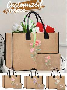 Personalized Customization Name Tote Bag Set,Birthday Month Representative Flower Pattern, Large Capacity , Shoulder And Handheld. Ladies' Large Capacity, Multifunctional Handbag, Neutral Adult Polyester Mini Makeup Bag,Valentine's Day,Wedding Season, Souvenirs, Bridesmaid Gifts, Ramadan - Multicolor - View 1